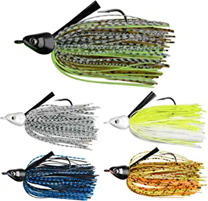 MadBite Swim Jig Fishing Lures, Heavy Brush Guard, Silicone Skirt, Sticky-Sharp Heavy-Wire Needle Point Hooks, Popular 3/8 oz and 1/2 oz Sizes, 5 pc and 3 pc Multi-Color Kits, Includes Storage Box