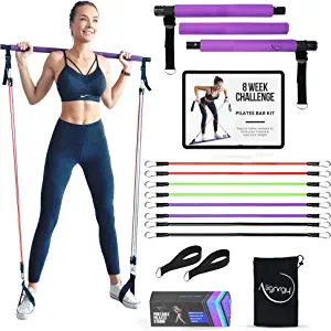 Portable Pilates Bar Kit with Resistance Bands (20, 30, 40, 50 LB) - Guided 8-Week Pilates Bar Kit Plan - Premium Quality Home Equipment 3-Section Pilates Bar with Resistance Bands Full-Body Toning