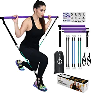 Upgraded Portable Pilates Bar Kit - Adjustable 46.5 Inches 3 Section Pilates Bar with Resistance Bands 20, 30, 40 Lbs. Home Workout Equipment for Women with 2 Foot & Hand Loops for Legs and Full Body