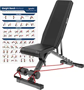 SpoxFit Adjustable Weight Bench, Full Body Workout Bench for Home Gym, Multi-Purpose Small Lightweight Bench with Workout Poster & Resistance Bands, Folding Weight Bench Super Easy Assembly