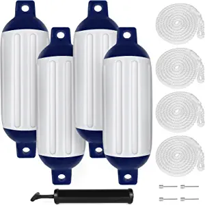 VEITHI Boat Fenders 4Pack, Ribbed Twin Eyes Vinyl Boat Fender Bumpers, Boat Bumpers for Docking, Come with Ropes Needles and Pump to Inflate (3 Sizes,Multiple Colors Available)