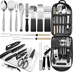 Portable Camping Kitchen Utensil Set-27 Piece Cookware Kit, Stainless Steel Outdoor Cooking and Grilling Utensil Organizer Travel Set Perfect for Travel, Picnics, RVs, Camping, BBQs, Parties and More