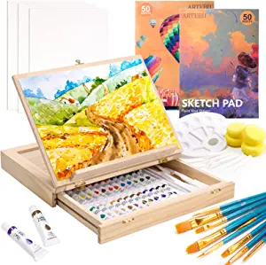 Painting Supplies Set, 49-Piece Watercolor Painting Kit with Adjustable Wooden Easel Box-24 Tubes of Watercolor Paints, 9 Paint Brushes, 3 Canvas Boards, Art Paint Supplies for Beginners & Adults