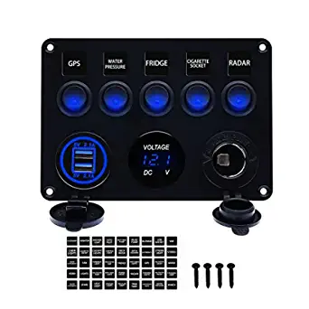 KAOLALI 5 Gang Toggle Switch Panel Automotive Marine Switch Panel 12V Waterproof Switch Panel for Boat, Truck, Car 5V 4.2A USB Slot Socket + Cigarette Lighter + Voltmeter Aluminum Switch Panel Blue
