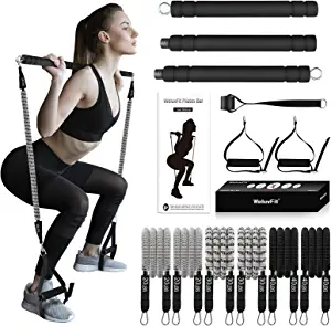 Pilates Bar Kit with Resistance Bands, WeluvFit Exercise Fitness Equipment for Women & Men, Home Gym Workouts Stainless Steel Stick Squat Yoga Pilates Flexbands Kit for Full Body Shaping