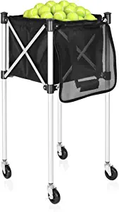 ITHWIU Foldable Tennis Ball Hopper Basket Cart Holds 155 Balls Wheeled Teaching Carts, Light Aluminum Alloy Trolley for Tennis Balls, Portable Compact Design, Black