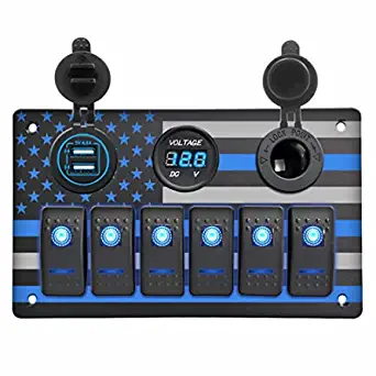 Jamgoer 6 Gang Rocker Switch Panel,LED 5 Pin ON/Off Switch Panel with 5V/4.8A Dual USB +Digital Voltmeter+ Power Socket,for Marine Boat Car Rv Vehicles (Blue)