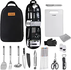 CONJGI Portable Camping Cooking Utensils Set - 19 PCS Outdoor Cookware Camping Set with Carrying Bag,Camping Accessories Cooking for Barbecues, Backyards, RV Trips and Open Dinner