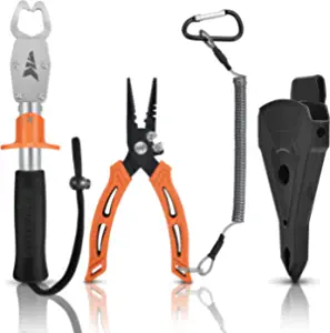 KastKing Fishing Pliers and Fish Lip Gripper, Saltwater Resistant Fishing Tools, Fishing Gear with Rubber Handle, Lanyard, Line Cutter Hook Remover with Sheath, Ice Fishing Gear, Fishing Gift for Men