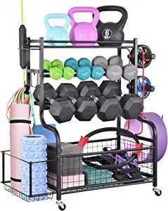 PLKOW Dumbbell Rack, Weight Rack for Dumbbells, Home Gym Storage for Dumbbells Kettlebells Yoga Mat and Balls, All in One Workout Storage with Wheels and Hooks, Powder Coated Finish Steel