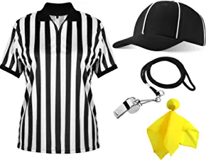 Geyoga 4 Pcs Men's Official Referee Costume Set Black & White Stripe Referee Zipper Collar Shirt Official Referee Hat Stainless Whistle with Lanyard Yellow Penalty Flag for Halloween Cosplay