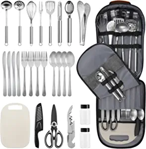 Extremus 27 Pcs Camp Kitchen Cooking Utensil Set Cookware Kit - Travel Organizer Grill Accessories Portable Compact Gear for Backpacking BBQ Camping Travel,Camping Accessories,Dark Gray Camo