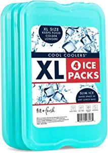 Cool Coolers by Fit + Fresh Slim Compact Reusable XL Ice Pack, Perfect for Lunch Boxes, Coolers, and Beach Bags, Green, 4 Pack