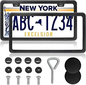 Limsas License Plate Frames Carbon Fiber, 2 Pack Black Car Plate Frame with Carbon Coasters Front and Rear Slim Thin License Plate Frame Aluminum Metal Rust-Proof Universal Car Tag Holder