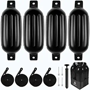 Dreizack Boat Fenders 4 Pack 6.5"*23" Boat Bumpers for Docking with 4 Rope, Inflatable Ribbed Marine Boat Fender Bumper Pontoon Boat Bumpers Marina Protector with Needles and Pump Use for Yacht Etc