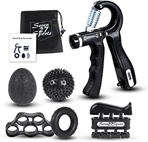 Seven27Sports Hand Grip Strengthener Kit (6 Pieces) Grip Strength Trainer Massage Ball, Adjustable Hand Gripper Forearm Strengthener w/ Counter, Stress Relief Hand Exerciser Ball, O-Ring Grip Trainer, Multi Finger Exerciser & Hand Strengtheners