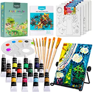 Acrylic Paint Set for Kids, Art Painting Supplies Kit with 12 Paints, 5 Canvas Panels, 8 Brushes, Table Easel, Etc, Premium Paint Set for Students, Artists and Beginner.