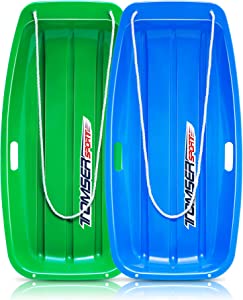 Snow Sled - 2 Pack Classic Sleds for Kids and Adults Flexible Toboggan with Handles Pull Rope Utility Plastic Sled for Winter Ski Sledding Sand Slider Downhill Outdoor - Blue, Green, 36"