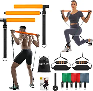 Pilates Bar Kit with Resistance Bands- Hommie Portable Pilates Exercise Equipment Bar Kit for Women&Men, 3-Section Stick Squat Yoga with 6 Exercise Resistance Bands Bar for Home Workouts