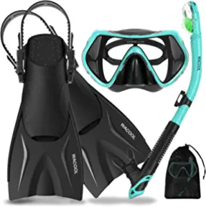 WACOOL Adults Child Teens Snorkeling Snorkel Scuba Diving Package Set Gear with Adjustable Short Swim Fins Anti-Fog Coated Glass Silicon Mouth Piece Purge Valve (Malachite Green/L-XL)