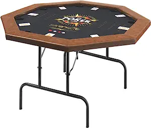 SereneLife Poker Foldable-8 Players Octagonal Portable Folding Leisure Game Table w/Water-Resistant Cushioned Rail, 8 Drink Holders, Casino-Grade Brown Felt Surface, One Size, Black