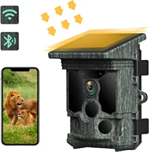 Trail Camera Solar Powered 46MP 4K 30FPS, WiFi Bluetooth Game Camera with 120Wide-Angle Motion 3 PIR Sensor 0.1s Trigger Time Trail Camera with Night Vision IP66 Waterproof for Wildlife Monitoring