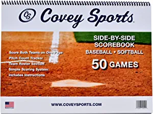 Covey Baseball Softball Scorebook Side by Side Format - (50 Games) - Score Keeping Book with Sheets Designed to Make Baseball and Softball Scoring Easier for The Score Keeper, Coaches, and Announcers
