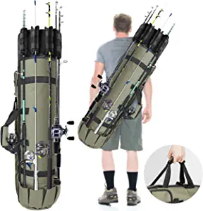 Allnice Fishing Rod Case Update Fishing Pole Bag Double shoulder straps Fishing Rod Travel Case Large Capacity Fishing Rod & Reel Organizer Bag Gift for Men - Holds 5 Poles & Tackle (Green)