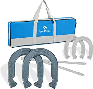 SpeedArmis Horseshoes Set, Universal Size Lawn Horseshoes Outdoor Games for Parties Beach Backyard - Includes 4 Horseshoes & 2 Steel Stakes & Durable Carrying Bag