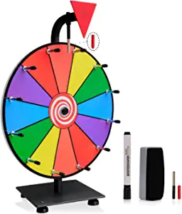 iElyiEsy 12 Inch Spinning Wheel for Prizes 12 Slots Spinner with Stand, Dry Erase Marker and Eraser for Trade Show Carnival Party Pub Fortune Game