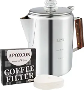 APOXCON Camping Coffee Percolator Pot 304 Stainless Steel for Coffee Making Outdoor Traveling Campfire Stovetop Fast Brew Kettle 9 Cups and Coffee Filters(Pack of 100)