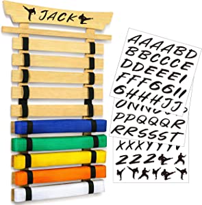 Tilhumt 10 Belt Bamboo Karate Belt Display Rack, Taekwondo Belt Display, Martial Arts Belt Hanging Holder for Kids and Adults Gifts, 13.8" Width, No Assembly Required, Personalize with Stickers