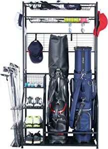 Mythinglogic Golf Bag Storage Garage Organizer,2 Golf Bags Storage Stand and Golfing Equipment Accessories Storage Rack with 4 Removable Hooks, Extra Golf Clubs Display Rack