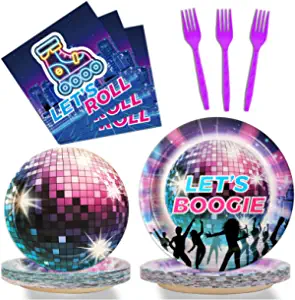 gisgfim 96 Pieces 70's Disco & Roller Skate Party Tableware Set Disco Birthday Party Supplies Disco & Roller Skate Birthday Decorations Supplies Paper Plates Napkins Forks for 24 Guests