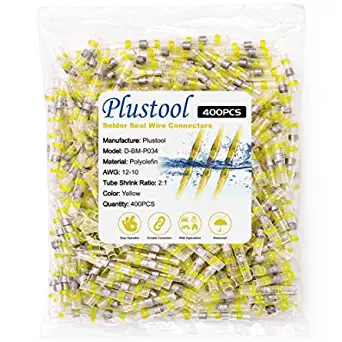 400PCS Yellow Solder Seal Wire Connectors AWG12-10, Plustool Solder Seal Heat Shrink Butt Connectors, Marine Grade Waterproof Insulated Electrical Wire Terminals Splice for Automotive Boat Truck Wire