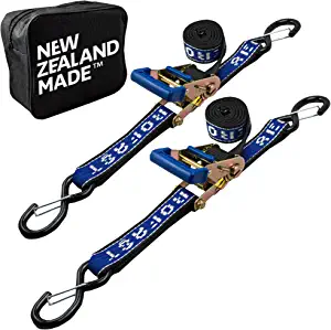 Rear TRANSOM Boat Trailer Straps Ratchet TIE Downs Strap, Made in NZ - 1.5" x 4 Heavy Duty Rear Transom with PVC Hooks for Trailered Boats, Pontoons & Jetskis - 3,300lbs Break Strength - (Pair) Blue