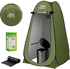 FUN ESSENTIALS Portable Toilet Kit For Adults, Pop Up Privacy Tent, X Large Camping Folding Toilet, 12 Toilet bags, 12 pack Liquid Waste Gel, Washable Foldable For Travel,RV,Outdoor, Green (FUN010)