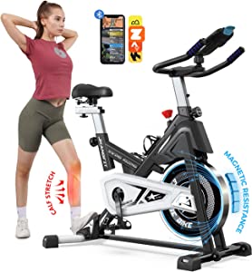 Pooboo Magnetic Exercise Bike Indoor Cycling Bike Stationary, Compatible with Exercise bike apps& 350LBS Weight Capacity, Ipad Mount, Comfortable seat and Slant Board, Belt Drive Smooth and Quiet