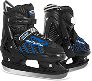 MammyGol Adjustable Ice Skating Shoes for Kids, Boys and Girls, Gray Blue Ice Skates Size S, M, L, XL Hockey Lace-Up Skate for Beginner