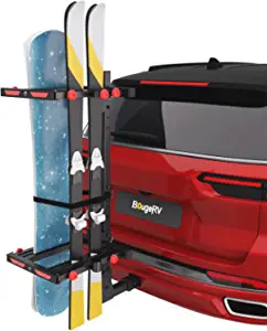 BougeRV Hitch Ski Snowboard Rack with Security Lock Tilting for Trunk Access