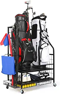 FHXZH Golf Bag Storage Garage Organizer, Golf Bag Stand Fit for 2 Golf Bags and Golf Clubs, Golf Balls, Golf Equipment Accessories, Extra Large Golf Bag Storage Rack for Garage, Club, Shed, Basement