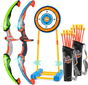Bow and Arrow for Kids 6-8 8-12, [2022 New] Archery Toy Set for Kids 6+ with Standing Target - 2 Light Up Bows/ 20 Arrows/ 2 Quivers, Toys for Kids 4-6 7 8 9 10-12 Boys Girls Christmas Birthday Gifts