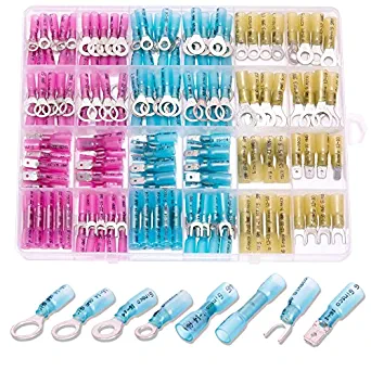 Ginsco 180pcs Heat Shrink Wire Connector, Waterproof Electrical Insulated Crimp Terminal DIY Kit, Ring Fork Spade Butt Splices Assortment for Automotive Marine Boat Truck, 22-16 16-14 12-10 AWG Gauge