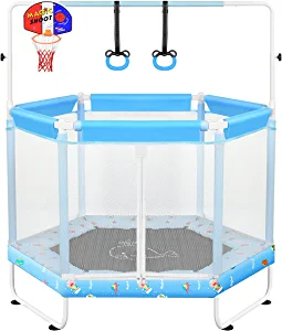 GINNO Mini Trampoline for Kids Toddler 55'' Indoor Small Recreational Trampolines with Safety Enclosure Net Baby Jumping Mat Toy with Cartoon Pattern Children Birthday Gift