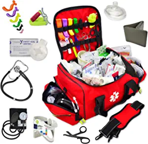 Lightning X Pre-Stocked EMS/EMT Trauma Kit w/ Large First Responder Bag & 256 First Aid Medical Supplies - RED