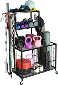 AHOWPD Weight Rack Home Gym Storage, Yoga Mat Storage Rack Workout Equipment Storage Rack for Dumbbells Kettlebell Resistance Band, Exercise Equipment Gym Rack Organizer with Wheel and Levelling Feet