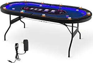 Giantex 10 Players Poker Table with Cup Holder, Folding Casino Leisure Table with 4 USB Ports, Extra Lights, Easy to Assemble, Foldable Game Poker Tables for Texas, Card Games, Blue