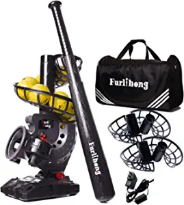 Furlihong Electronic Baseball Pitching Machine Set, Adjustable Angles, Timer and Speed, AC Adapter or Battery Powered, Comes with Bat, 8 Dimpled Balls, 4 Extra Stackers and Carrying Bag