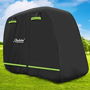 Roykaw Golf Cart Cover 600D Waterproof Universal Fits EZGO/Club Car/Yamaha/ICON Most Brand 4 Passenger/2 Passenger Golf Cart, Upgrade Three Sides Zipper Opening/Two Windproof Straps/Reflective Strips