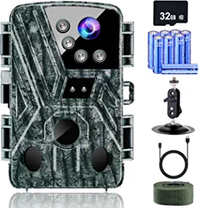 KJK 4K 32MP Trail Camera, Game Camera with Night Vision 0.1s Trigger Time Motion Activated 120Wide Lens, IP66 Waterproof Hunting Camera with 42pc No Glow Infrared LED 2.4''LCD for Wildlife Monitoring